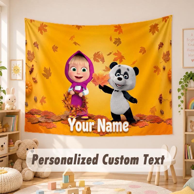 Custom Name Text Tapestry,Masha and the Bear Boho Wall Hanging, Decorative Backdrop Tapestry For Room