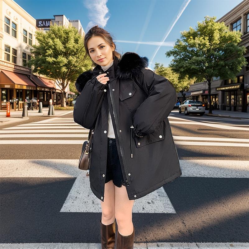 

2024 зимние женские парки, пальто, женская меховая воротниковая утолщенная теплая хлопковая куртка, женская куртка с завязками на талии, пальто XXL чёрный