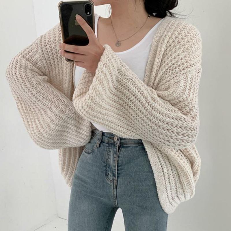 2024 autumn new lazy style versatile loose casual solid color lantern sleeve knitted cardigan sweater women