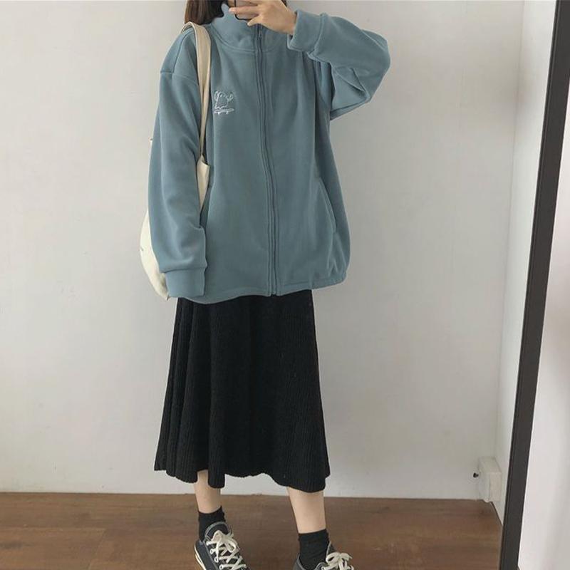 Damen-Sweatshirt, einfarbig, dick, lässig, Rollkragenpullover, modisch, Reißverschluss, Strickjacke, warme Jacke
