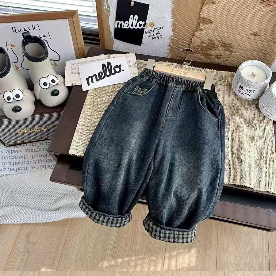 Kids Thickened Fleece Lined Jeans Boys Girls Warm Plaid Cuffed Pants 80