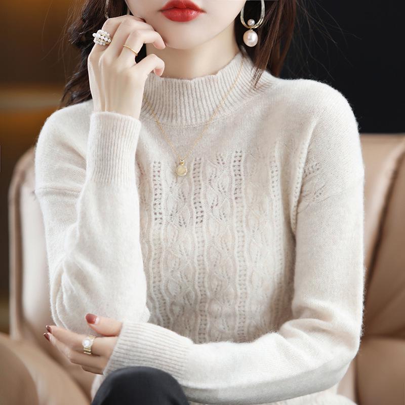 Women's 100% Pure Wool Hollowed Cable Knit Sweater, Half-High Neck, Drop Shoulder Pullover, Casual Versatile Knitwear