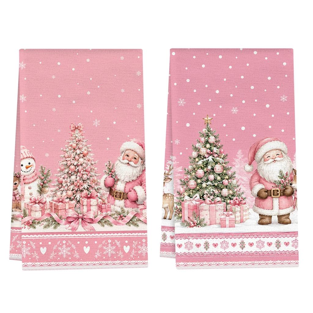 2pcs Set Kitchen Towels Pink Christmas Fairy Tale IllustrationHand Towels Christmas Decorations For Home Noel Dish Towels Gifts