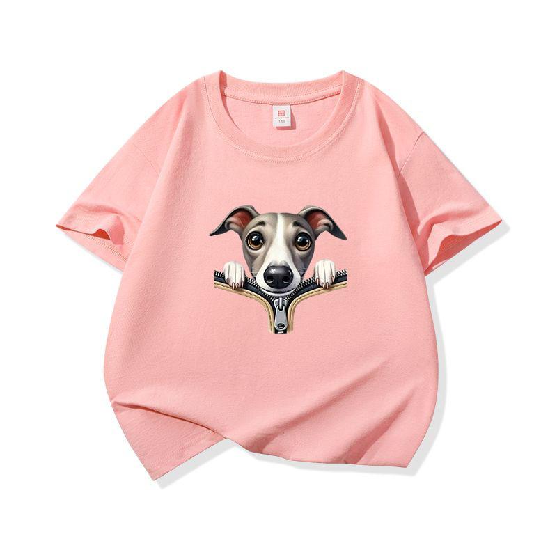 Kids Cotton T Shirt Adorable Whippet Dog Zipper Print Crew Neck Short Sleeve Tee Casual Breathable Boys Girls Summer Tops