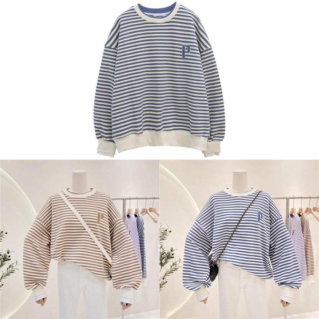 College Style Striped Sweatshirt For Women With Splicing Design And Long Sleeves