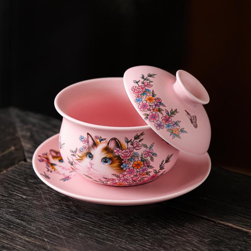 Pink Ru Kiln Gai Wan Persian Cat Pattern Household Ceramic Tea Bowl Lady Tea Set Natural Openning Kung Fu Tea Set Tea Ceremony