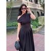 Women Elegant Green Pleated Dress Fashion O Neck Short Sleeve Patchwork Long Dresses 2025 New Casual Office Lady Streetwear