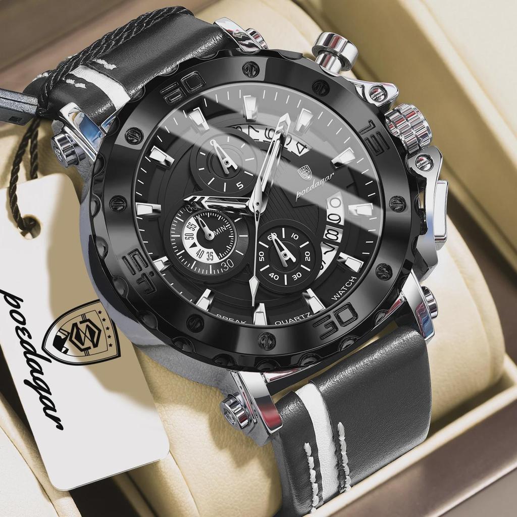 POEDAGAR Fashion Men's Quartz Chronograph Watch Luminous Waterproof with Leather Strap Ideal Gift for Men Business Casual