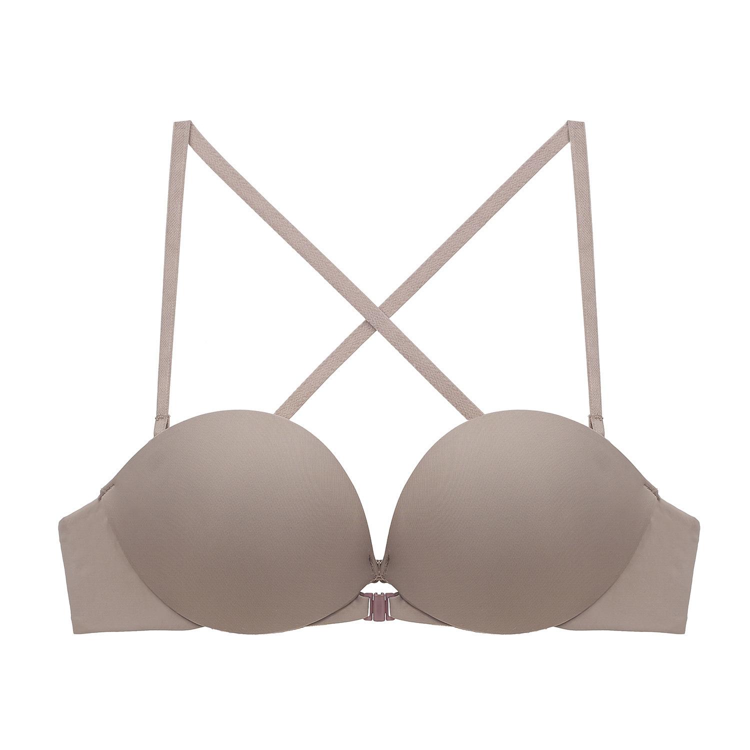 

Французская застежка спереди, красивое белье для спины, женское глянцевое бесшовное белье, маленькая грудь выглядит большой, собирающий эффект, поддержка сверху против провисания, бюстгальтер 85C thin cup кофейный