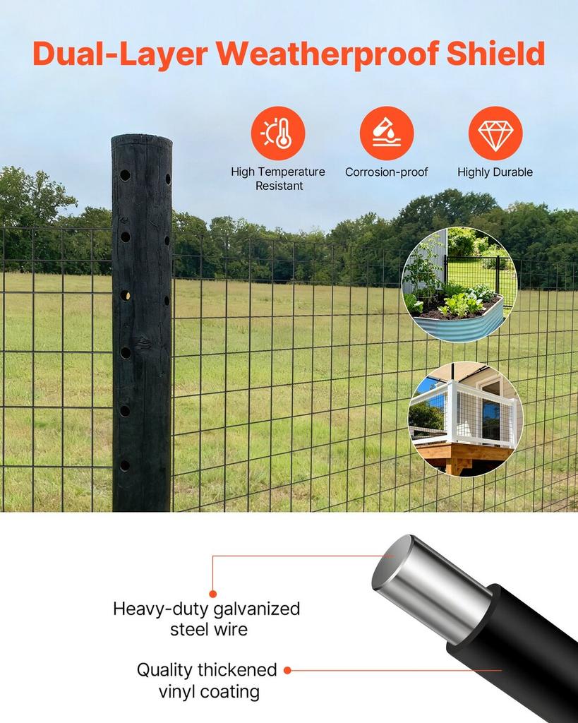 Farm Fence, 122cm X 15.2m, 2 X 4 In Mesh 14 Gauge Galvanized Steel Wire Fencing for Cattle, Hog & Sheep , Heavy Duty Vinyl Coated Livestock Fence for