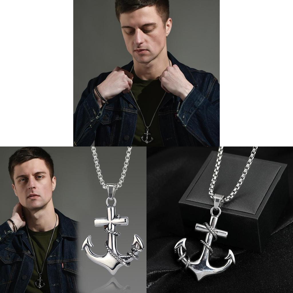 Caribbean Pirate Ship Anchor Cross Necklace For Men With Polished Titanium Steel Chain