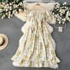 Women's Women Summer Spring Off Shoulder Short Sleeved Waist Length Floral Ankle-Length High Waist Dress