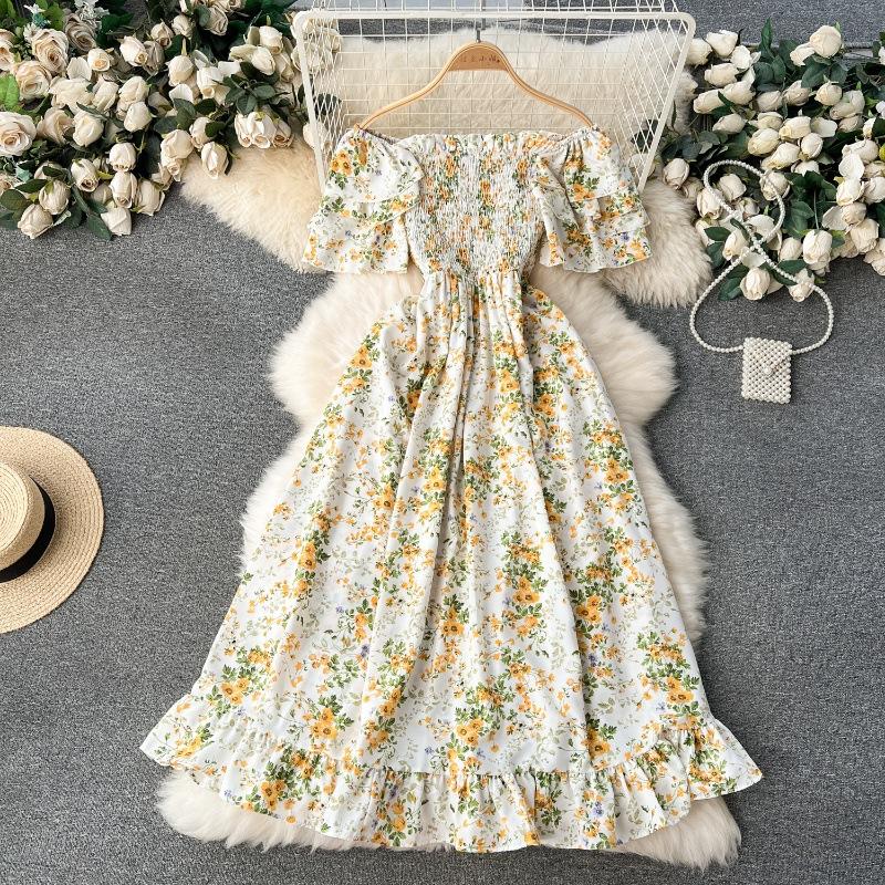 Women's Women Summer Spring Off Shoulder Short Sleeved Waist Length Floral Ankle-Length High Waist Dress