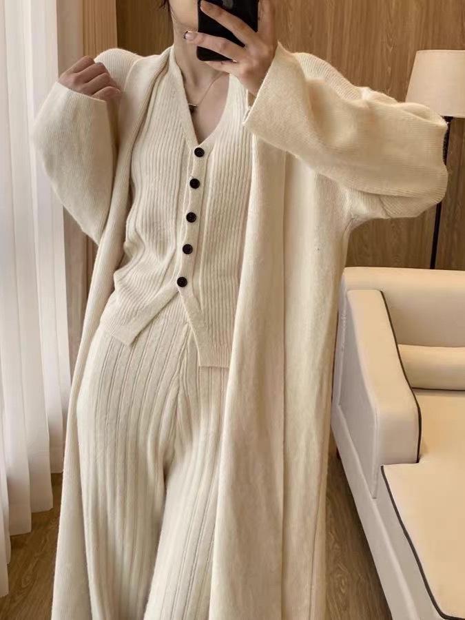 Women's Korean Style Knit Cardigan Set: Casual Loose Vest & Wide-Leg Pants Three-Piece for Autumn/Winter.