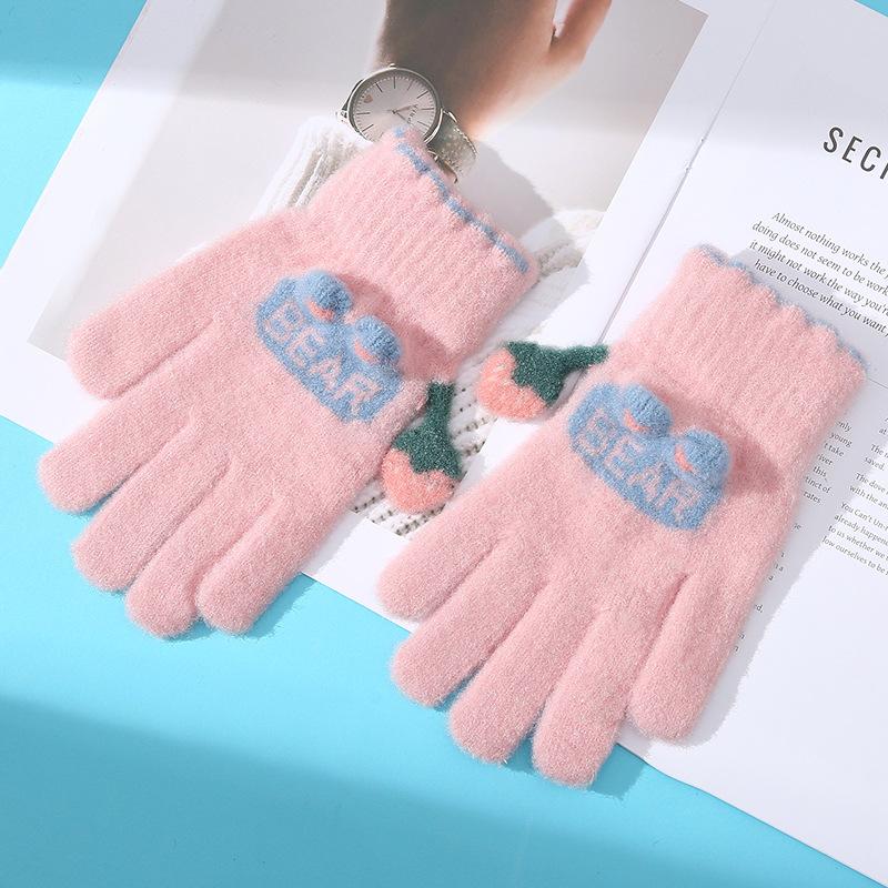 New Cute Touch Screen Five Finger Gloves for Women In Autumn and Winter Knitted Thickened Velvet Keep Warm and Fingers Riding To Prevent Cold