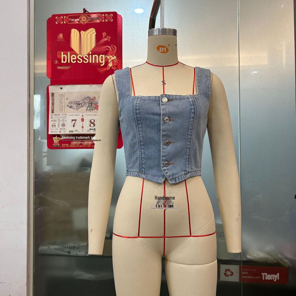 Dámský džínový crop top se zapínáním na knoflíky - Jarní/letní horký prodej módní tílko (SU3746)