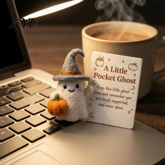 Comfort Gift for Her Little Pocket Ghost, Halloween Handmade Wool Felted Ghost with Pumpkin, Mini Unique Desk Buddy Plush Doll Inspirational