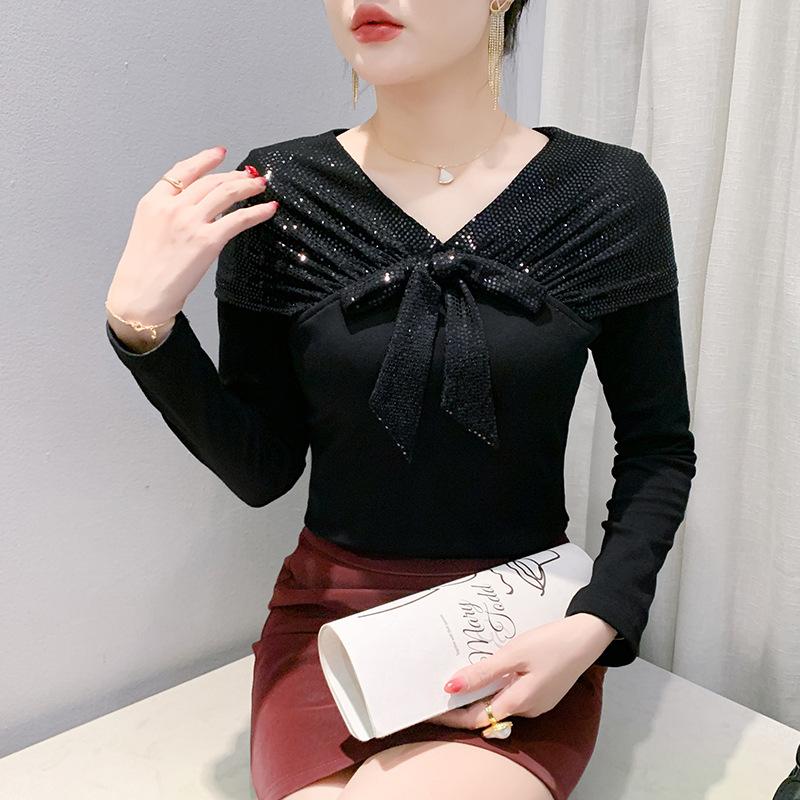 New Winter Sequin V-neck T-shirt for Women Long-sleeved Design Bow Top Fashionable Base Shirt