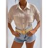 Women's Summer Cotton and Linen Shirt, Lapel Pockets, Loose Short-sleeved Solid Color Shirt Top