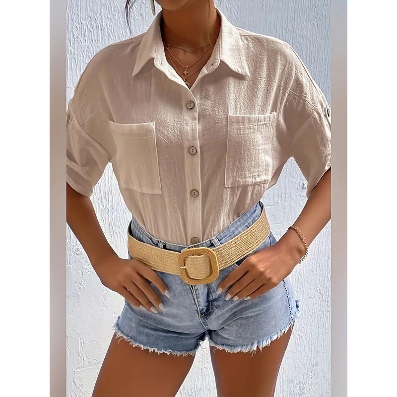 Women's Summer Cotton and Linen Shirt, Lapel Pockets, Loose Short-sleeved Solid Color Shirt Top