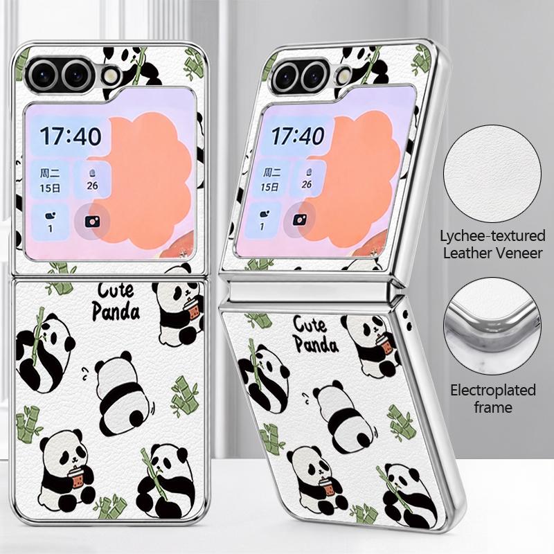 Lovely Baby Panda Print Case For Samsung Galaxy Z FlIP 7 FE 6 5 Z Flip7 Flip6 Flip5 Luxury Plating PC+PU Leather Hybrid Folding Phone Cover