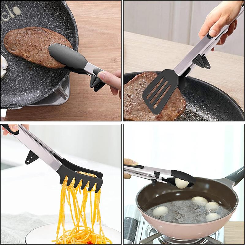 4Pcs Stainless Steel Kitchen Food Tong Set with Silicone Tips Cooking Tong Set BBQ Serving Tong Spatula Tong Kitchen Baking Tool