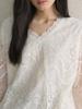 Elegant 3D Embroidered Lace V-Neck Double-Layer See-Through Top for Women