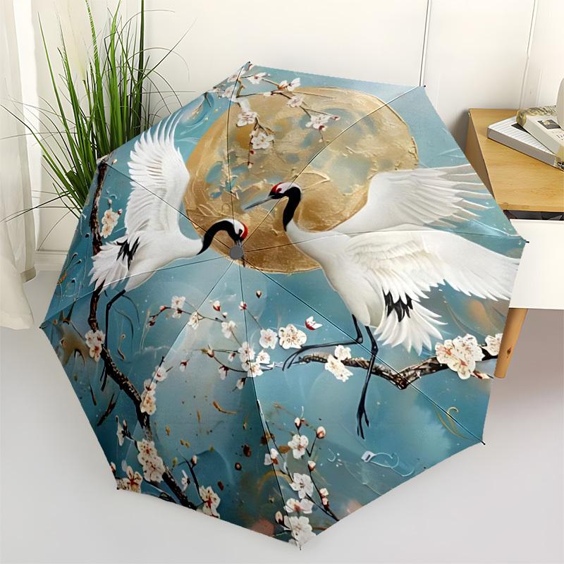 1pz Ombrello Pieghevole alla Moda con Fiori di Gru, Apertura/Chiusura Automatica, 8 Stecche, Antivento Portatile, Uso Quotidiano177
