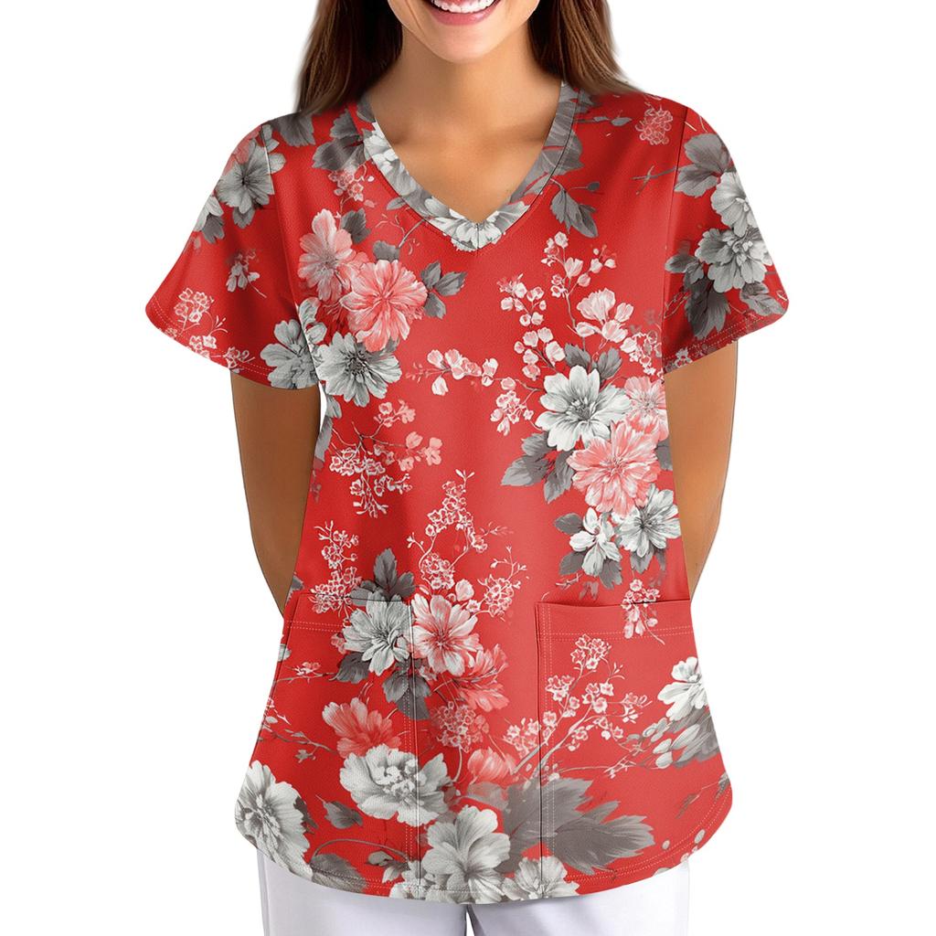 Women's Floral Print Loose Fit V Neck Short Sleeve Medical Scrub Top with Pockets for Healthcare Professionals Lightweight Breathable Fabric