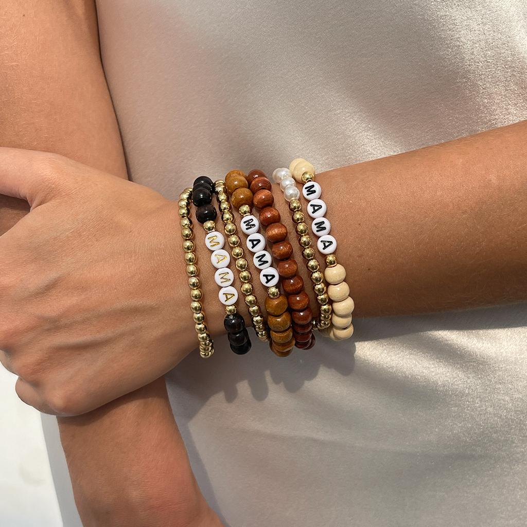 Bohemian Style Wood Bead Stacked Bracelet, Ethnic Style Letter Soft Pottery Round Bead Bracelet Female