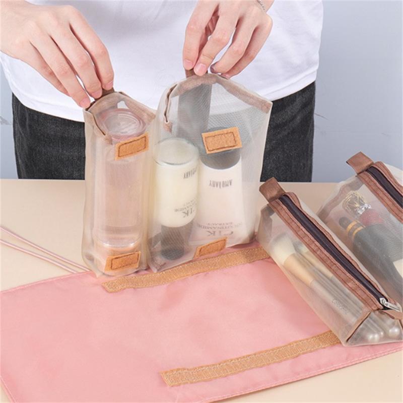 1PC 4 IN 1 Pink Detachable Makeup Bag Multifunction Minimalist Travel Women's Foldable Travel Cosmetic Storage Bag Washing Bag