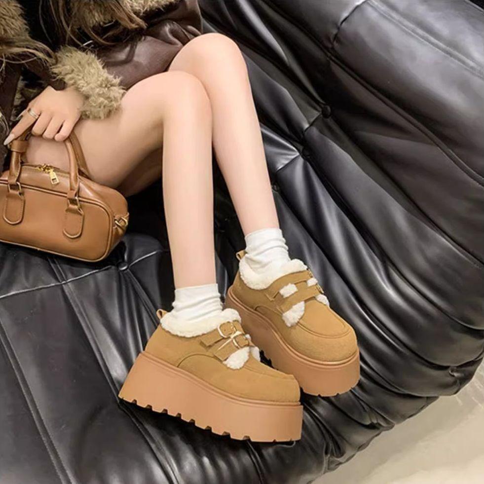 Snow Boots Women's Thick-soled Heightening Velvet Warm Small Leather Shoes Women's 2025 Autumn and Winter New Versatile One-pedal Cotton Shoes