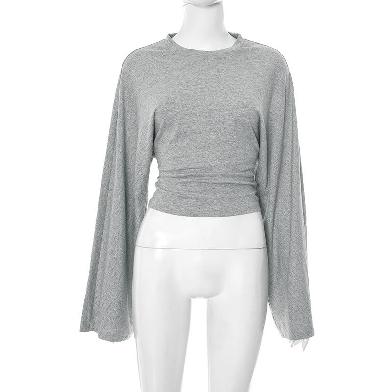 Summer New Style Daily Casual Simple and Versatile Long-sleeved Pullover, Solid Color Waist Temperament Is Thin Gray Long-sleeved T-shirt Y25TP201