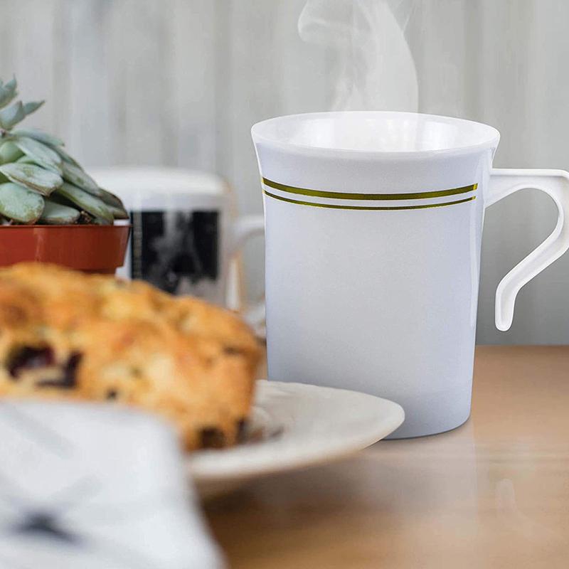 Plastic Coffee Mugs 8 Oz Coffee Cups With Handle White Gold Rim Disposable Tea Cup Soup, Espresso Mug, Hot Or Cold Drinks