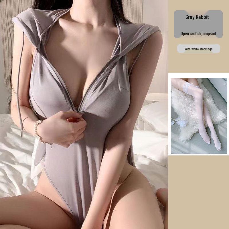Mu Xiaochu Zipper Open Cup Bodycon Push-Up Bunny Bodysuit Lingerie