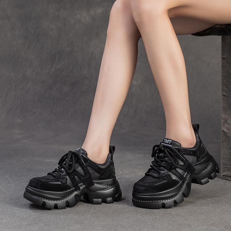 Fashion GKTINOO 2025 Autumn New Breathable Rhinestones Thick soled Sneakers Genuine Leather Lace-up Casual Women's Shoes