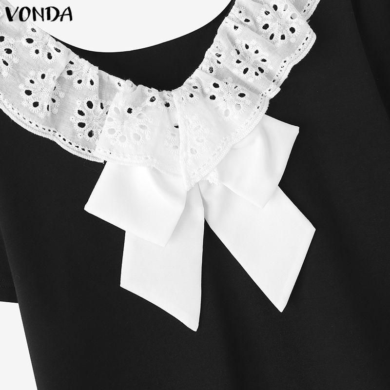 VONDA Women Short Sleeve Lace Crochet Back Bow Patchwork Casual Cropped Blouse