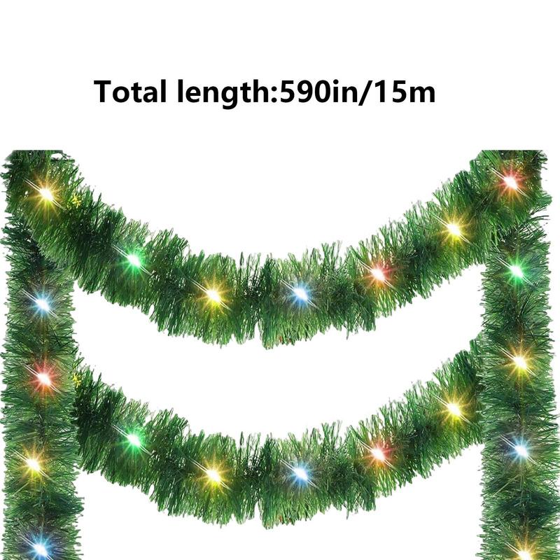 Christmas Tree Garland LED Light 49.21ft Tinsel Garland Shiny Green Streamers Ornaments Twist Light Strips Prelit Christmas