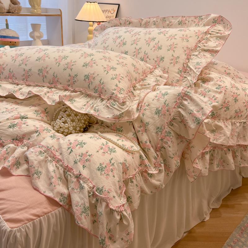 3/4Pc Korean Princess Style Floral Ruffles Bedding Set Single Queen Size Soft Skin-friendly Washed Cotton Duvet Cover Pillowcase