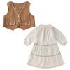 Girls' Autumn British Retro Vest & Ruched Long Dress Two-Piece Set