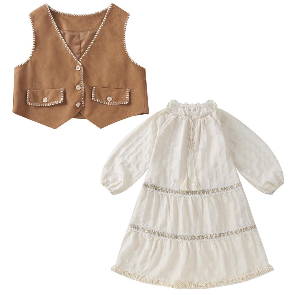 Girls' Autumn British Retro Vest & Ruched Long Dress Two-Piece Set