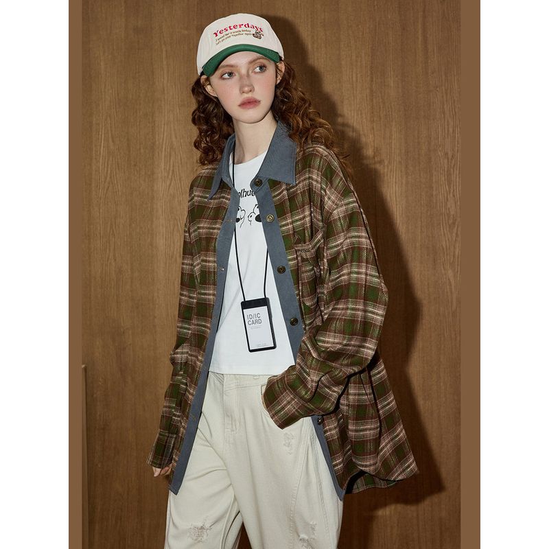 Coolhut 2025 New Autumn Plaid Jacket with Lapel, Loose and Lazy Style, Versatile Long-Sleeved Shirt