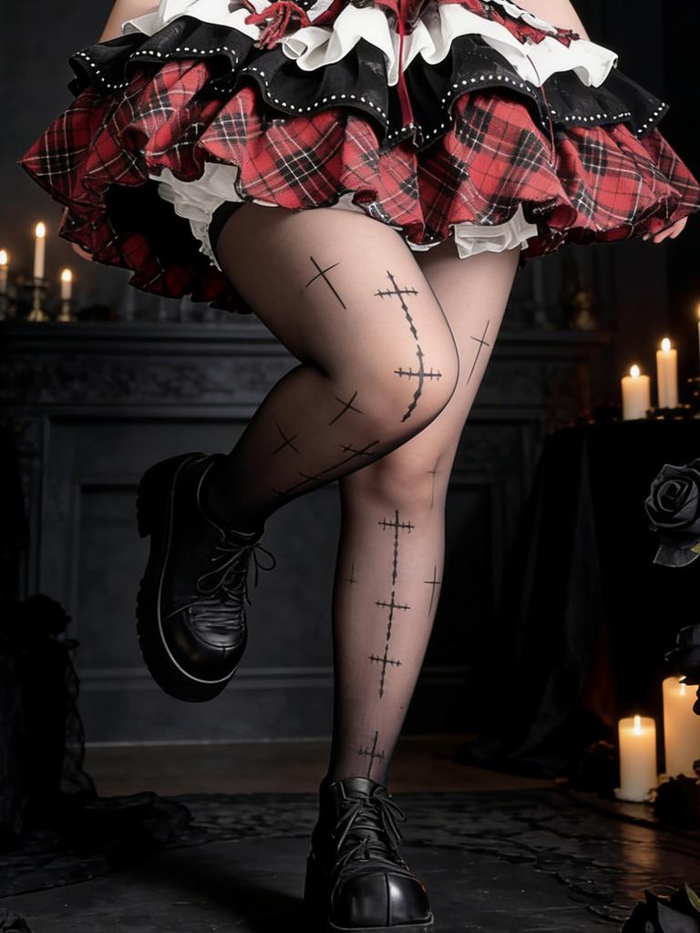 1 Pc Women'S Black Sheer Tights With Cross Print, Gothic Edgy Hosiery For Nightclub & Gothic Outfits