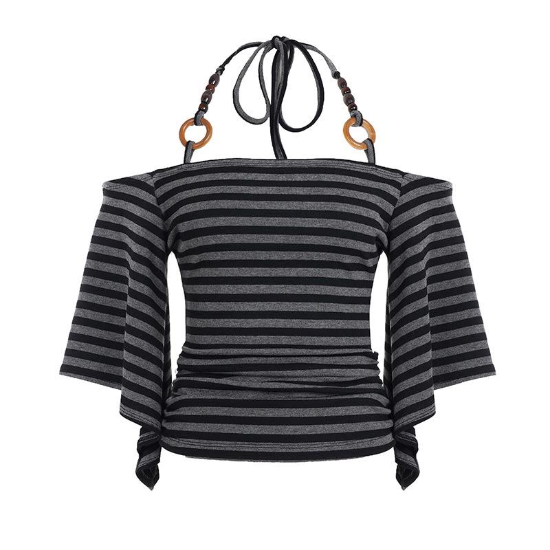 European & American Style Off-Shoulder Striped Halter Top - Sexy, Slimming, Versatile, Short Sleeve Large темно-серого