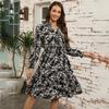 Autumn Winter Women Long Sleeve Print Elegant V-neck Casual A-Line Knee-Length High Waist Dress
