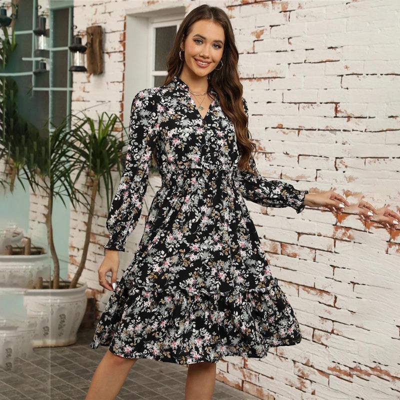 Autumn Winter Women Long Sleeve Print Elegant V-neck Casual A-Line Knee-Length High Waist Dress