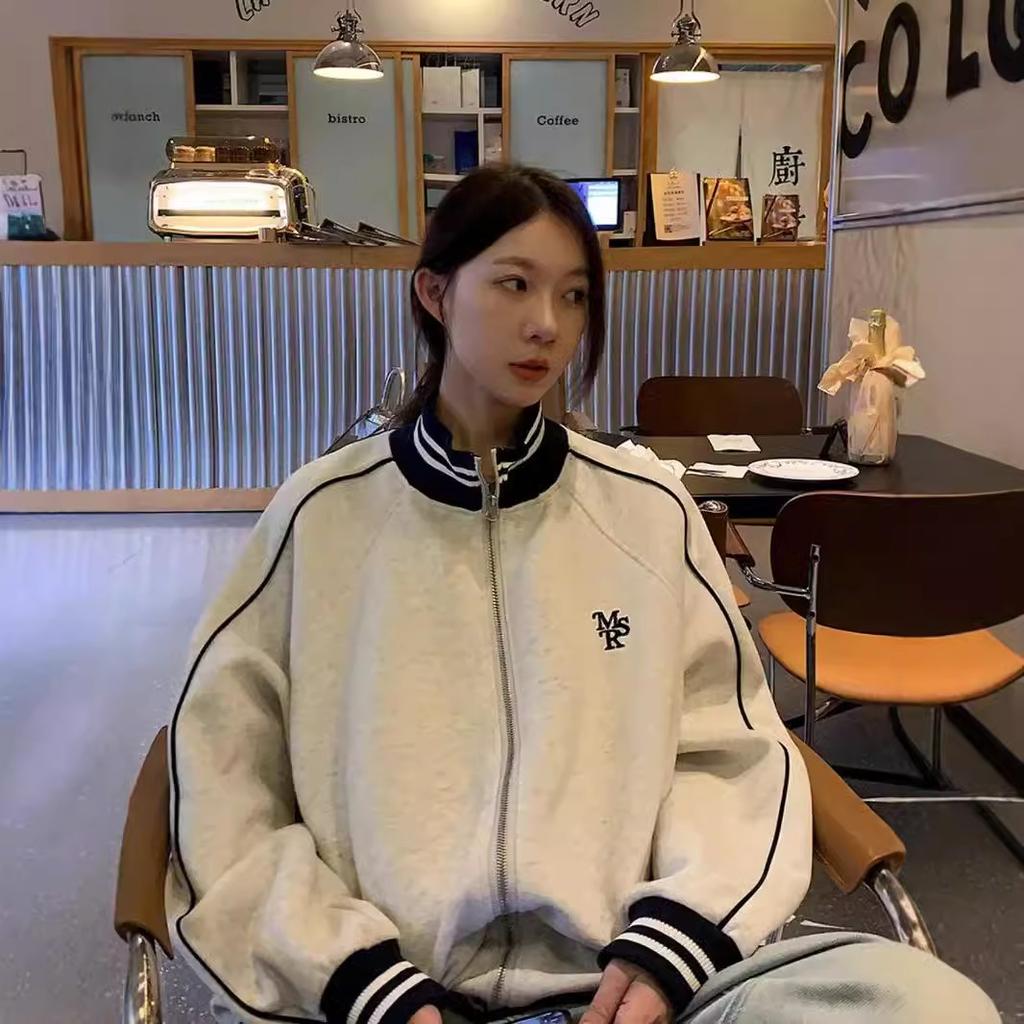 Women's Stand Collar Zip Up Baseball Jacket Loose Fit Color Striped Vintage American College Casual Long Sleeve Sweatshirt Coat
