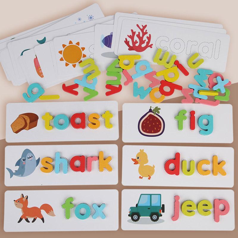 Ungiftiges Holz-Buchstabierspiel für Kinder, Buchstaben-Kognition, Wort-Buchstabieren, Zuordnungs-Karte, Tierbuchstaben, Bildung, Lernen, Lernspielzeug
