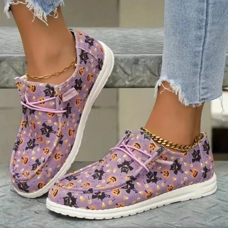 

Autumn new fashionable canvas footwear Printed round toe women s Shoes Casual laceup versatile shoes Ladies comfort fashion flat 43 фіолетовий