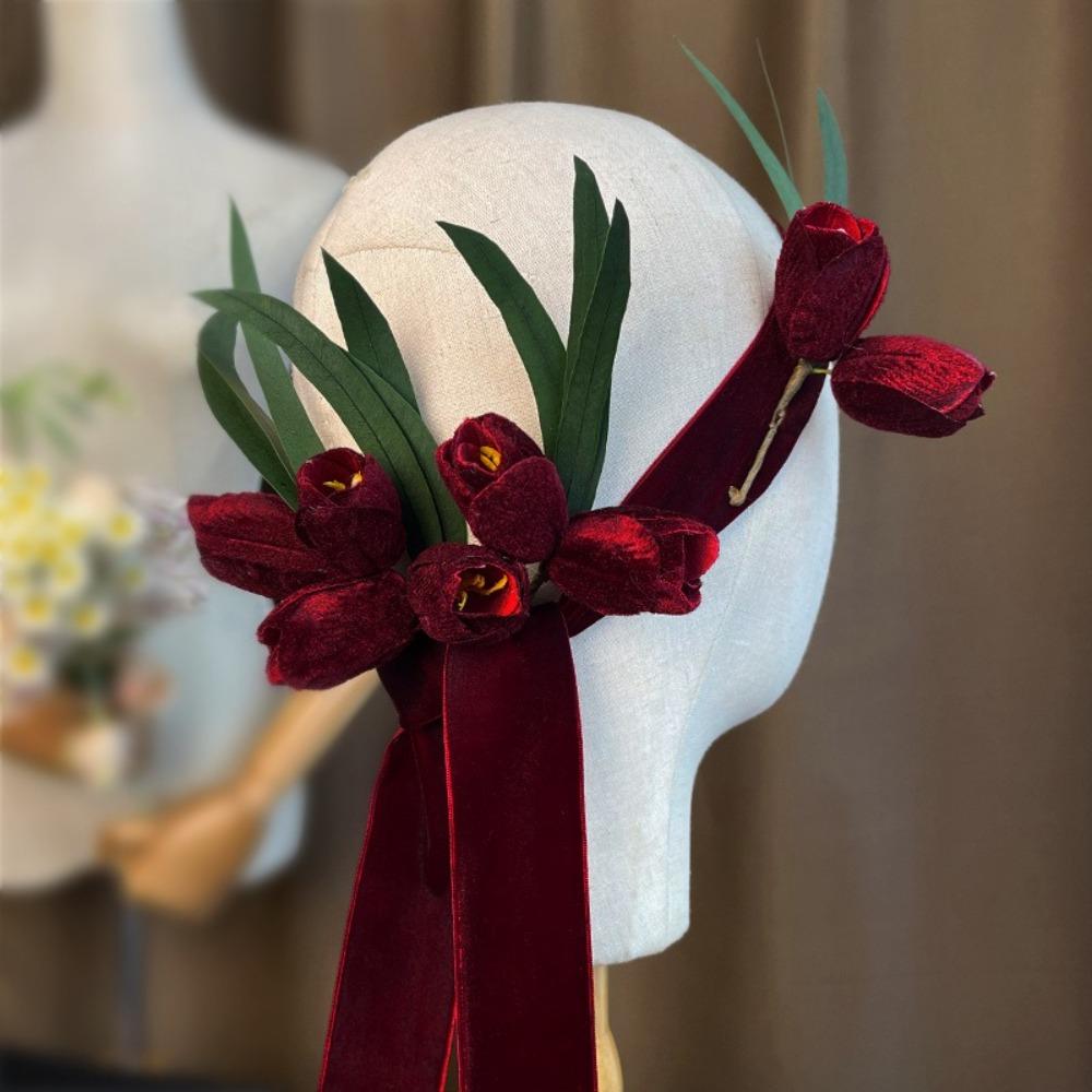 Fashion Ribbon Brides Hairband Elegant Red Flower Hairpins Handmade Tulip Headdress Wedding